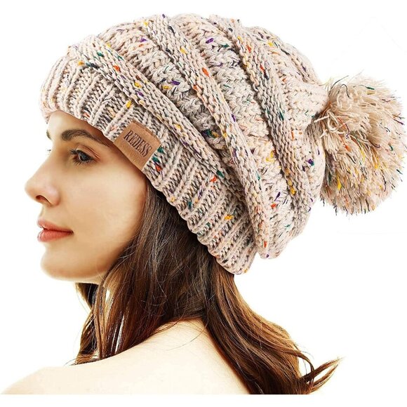〽️Women Confetti Oatmeal Winter Pom Pom Beanie Hat with Warm Fleece Lined XL main image 5